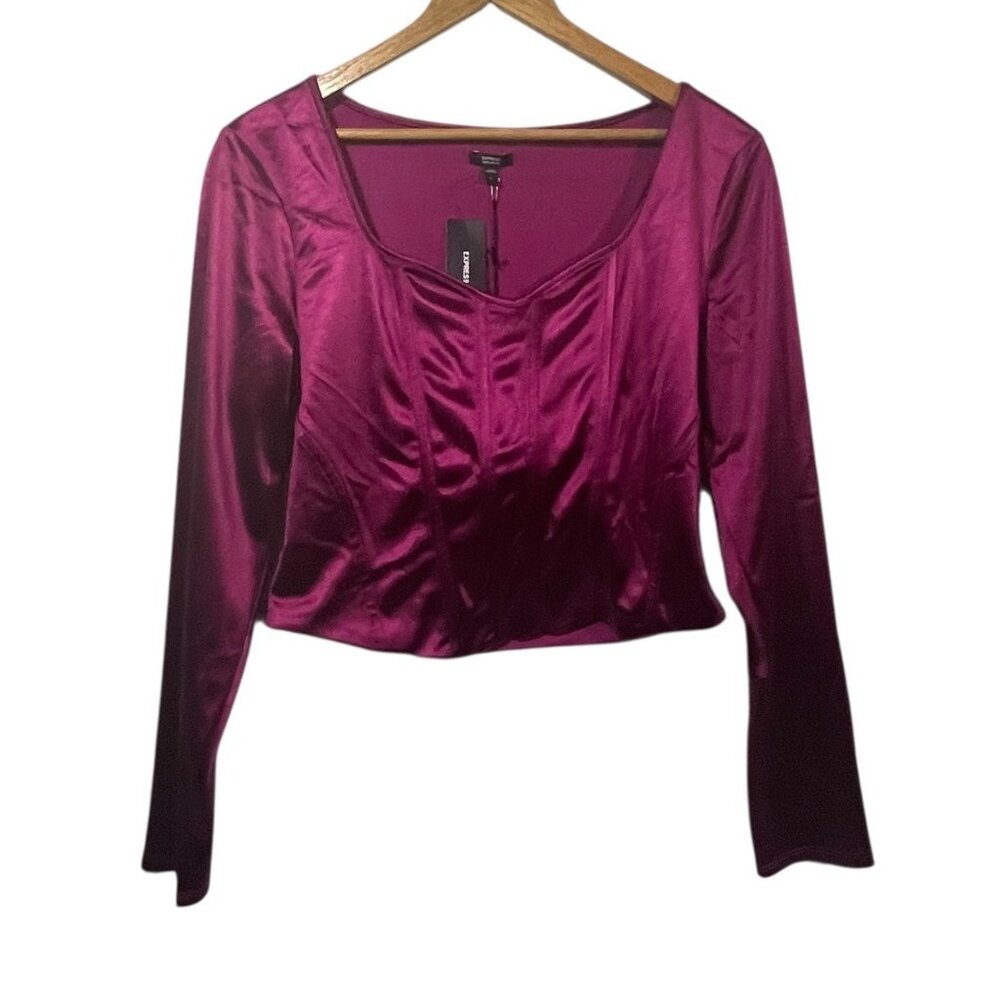 Express Body Contour Long Sleeve Satin Corset Top  Magenta Pink Cropped L NWT